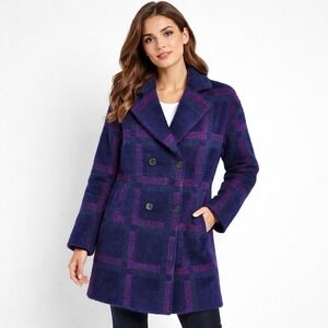 NVLT Anthropologie Plaid Eyelash Knit Coat XS Navy Magenta Double Breasted Cozy